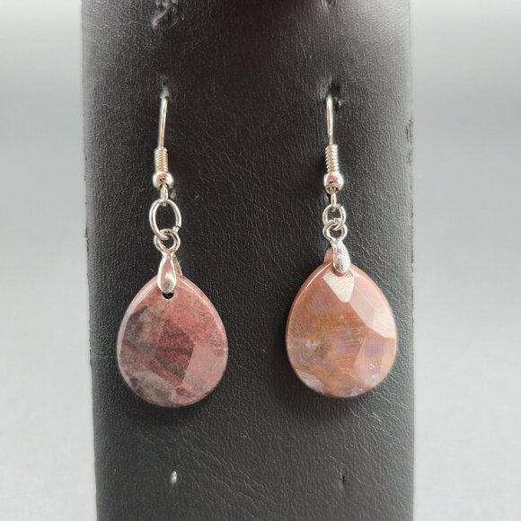 Silver Plated Brown Jasper Stone Dangle Earrings A6503 - Picture 1 of 5